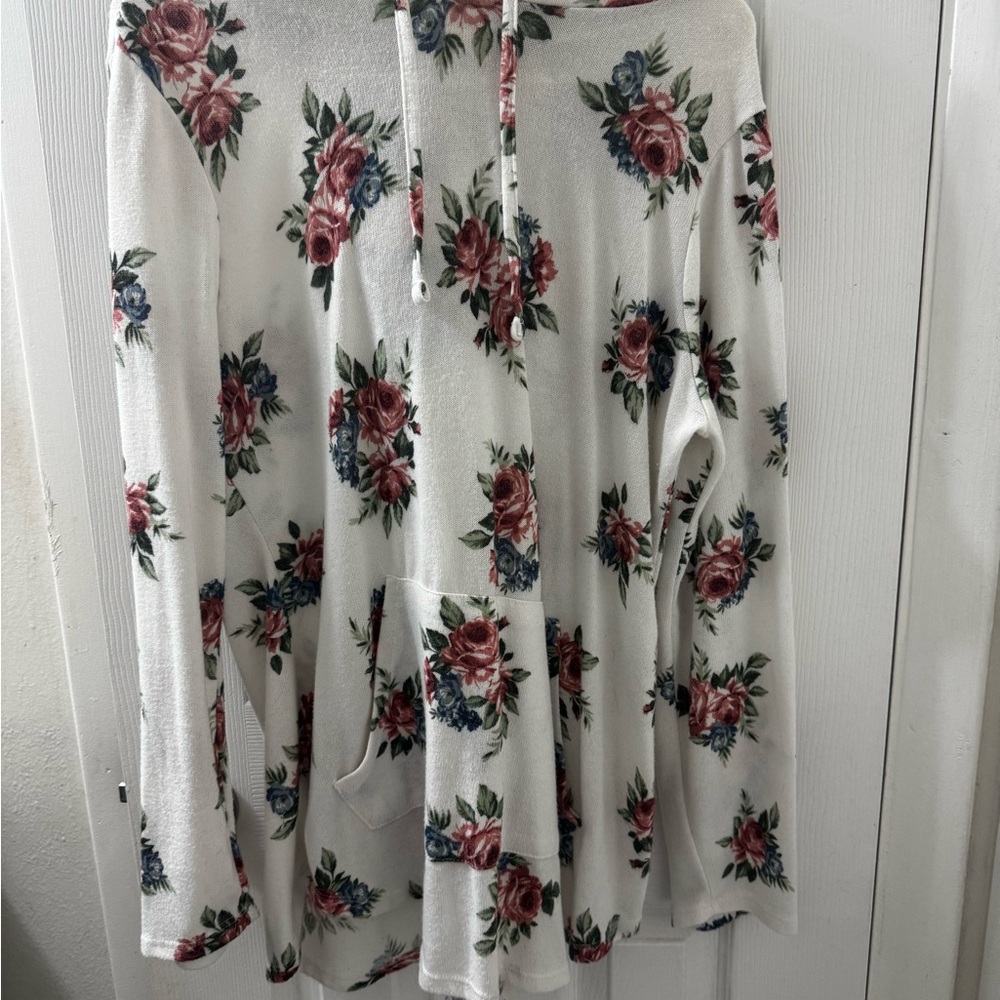 Floral Drawstring Hoodie Tunic - Cream with Rose Print